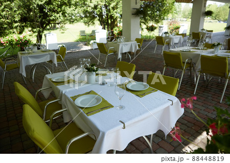terrace summer cafe with tables and chairs for people, an empty institution for recreation, nobody 88448819