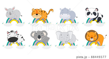 Set of cartoon animals. Rhinoceros,tiger,hippo,panda,zebra,koala,elephant,lion on the rainbow. Vector illustration 88449377