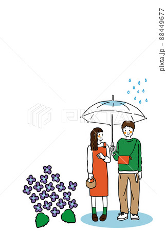 梅雨の相合傘のかわいい絵葉書白背景 88449677