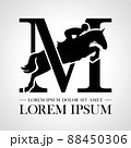 Jumping horse logo. Derbi. Equestrian Events. Show Jumping Competition. Sport. Icons and design elements. Initial letter M. Monogram. Typographic logotype. Vector Illustration 88450306
