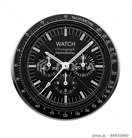 Realistic watch clock chronograph face stainless steel dial black on checkered pattern background vector 88450960