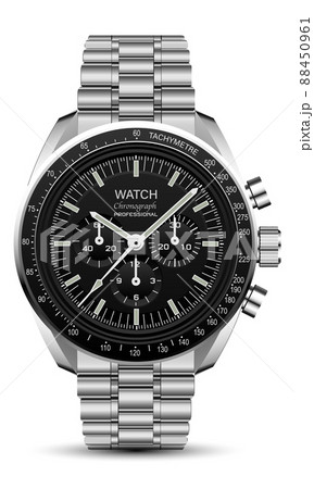 Realistic watch clock chronograph stainless steel black design luxury fashion object for men on white background vector 88450961