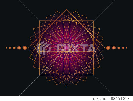 Sacred Geometry Mandala, purple flower gold meditative circle icon, geometric logo design, mystical religious wheel, Indian chakra concept, vector illustration isolated on black background Sacred Geometry Mandala, purple flower gold meditative circle icon, geometric logo design, mystical religious wheel, Indian chakra concept, vector illustration isolated on black background 88451013