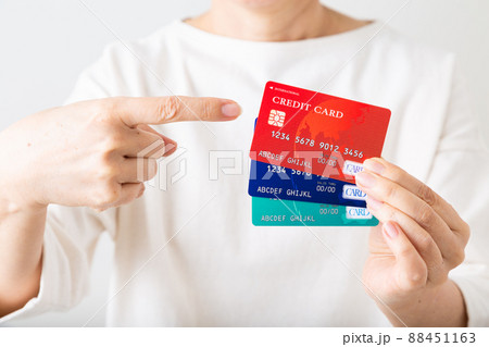 クレジットカードを指差すミドル女性 クレジットカードを指差すミドル女性 88451163