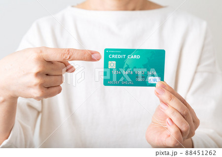 クレジットカードを指差すミドル女性 クレジットカードを指差すミドル女性 88451262
