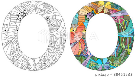 Letter O monogram for coloring, engraving design. Vector illustration. Color and outline set Letter O monogram for coloring, engraving design. Vector illustration. Color and outline set 88451533