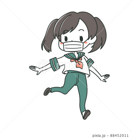 マスクをつけて走る女子高生のイラスト セーラー服 ジェンダーレス制服 緑系 マスクをつけて走る女子高生のイラスト セーラー服 ジェンダーレス制服 緑系 88452011