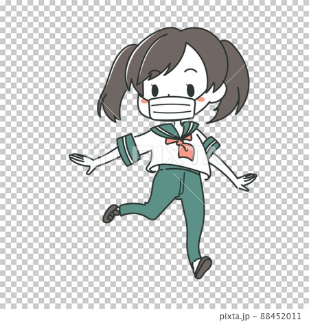 マスクをつけて走る女子高生のイラスト セーラー服 ジェンダーレス制服 緑系 マスクをつけて走る女子高生のイラスト セーラー服 ジェンダーレス制服 緑系 88452011
