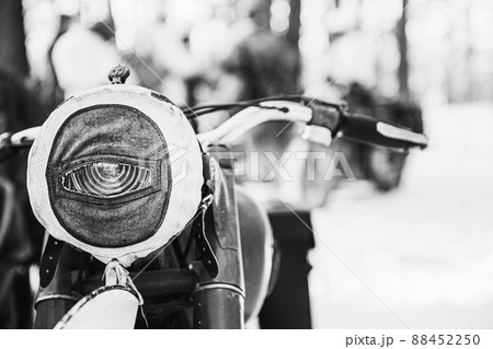 Old Tricar, Three-Wheeled Motorbike Of Wehrmacht, Armed Forces Of Germany Of World War II Time In Winter Forest. Photo In Black And White Colors Old Tricar, Three-Wheeled Motorbike Of Wehrmacht, Armed Forces Of Germany Of World War II Time In Winter Forest. Photo In Black And White Colors 88452250