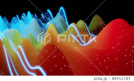 3d rendering. Abstract 3D surface with beautiful waves, luminous sparkles and bright blue red yellow color gradient. Waves on matte surface with glow glitter 88452285