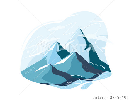 Mountain, hill and peak vector illustration isolated on white background. Nature landscape with sky, lake, mountains. Hiking, climbing design Mountain, hill and peak vector illustration isolated on white background. Nature landscape with sky, lake, mountains. Hiking, climbing design 88452599