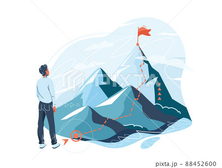 Path of person success on mountains background isolated on white. Man stand, look up to the goal, back view. Mountain climbing progress route to peak in flat simple style. Business journey vector 88452600
