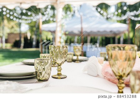 wedding table setting and decorations. Glass and plate wedding table setting and decorations. Glass and plate 88453288