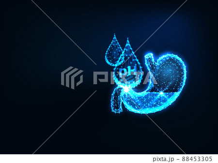 Futuristic healthy stomach acidity concept with glowing low polygonal stomach and drops with pH sign Futuristic healthy stomach acidity concept with glowing low polygonal stomach and drops with pH sign 88453305