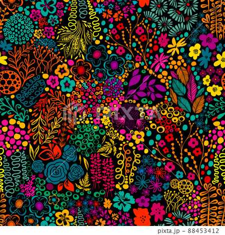 Seamless background from multicolored flowers and butterflies. Beautiful pattern of small beautiful flowers and twigs . Vector illustration 88453412