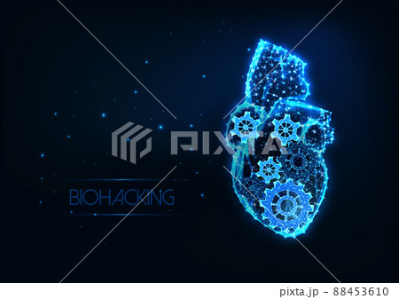 Futuristic biohacking concept with glowing low polygona anatomical human heart and gear mechanisms  Futuristic biohacking concept with glowing low polygona anatomical human heart and gear mechanisms  88453610