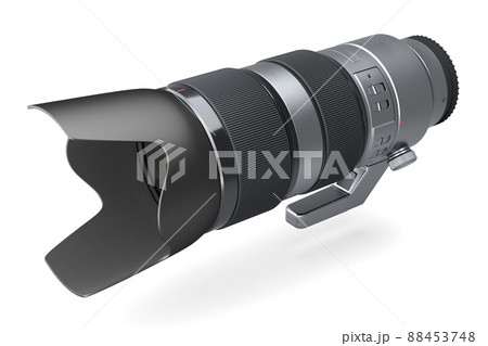 Modern nonexistent DSLR telephoto camera lens on white background 88453748
