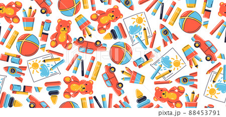 Seamless pattern with various kids toys. Happy childhood symbols. Playing game with friends. Seamless pattern with various kids toys. Happy childhood symbols. Playing game with friends. 88453791