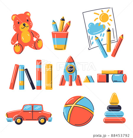 Set of various kids toys. Happy childhood symbols. Playing game with friends. Set of various kids toys. Happy childhood symbols. Playing game with friends. 88453792