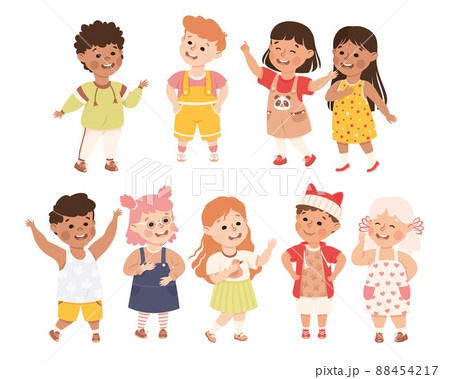 Little Boy and Girl Standing and Talking to Each Other Engaged in Friendly Communication Vector Set Little Boy and Girl Standing and Talking to Each Other Engaged in Friendly Communication Vector Set 88454217