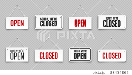 Realistic open or closed hanging signboards. Vintage door sign for cafe, restaurant, bar or retail 88454862