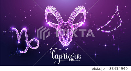Futuristic Capricorn zodiac sign on dark purple background. Glowing low polygonal design vector.  88454949