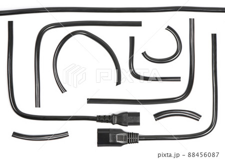 Black wire C13 female and C14 male connector power plug, many elements of black wire for design, isolated on white. Black wire C13 female and C14 male connector power plug, many elements of black wire for design, isolated on white. 88456087