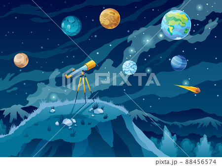 Telescope for space exploration, science discovery and astronomy studying. Against the background of a dark sky with stars and planets. Night landscape with glass on tripod on hill 88456574