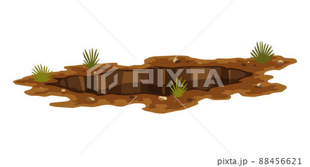 Hole ground. Entrance underground, big crack or ruin. Dirty, dark entrance, detailed drawing in cartoon style. Ground hole, deep pit with grass and stones. Cartoon den of wild animal 88456621