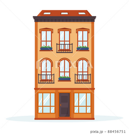 European house facade. Front view of old-fashioned brick building with balconies. Nice neighbourhood exterior. Flat vector 88456751