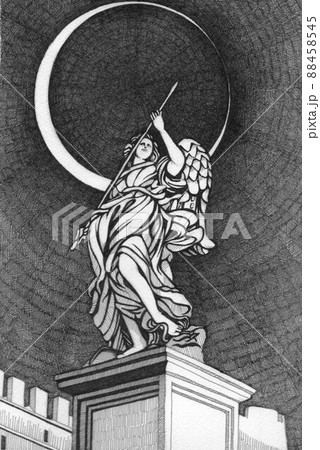 月下の元 剣を持つ天使像 ペン画のイラスト素材 [88458545] - PIXTA