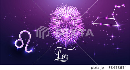 Futuristic Leo zodiac sign on dark purple background. Glowing low polygonal design vector. Futuristic Leo zodiac sign on dark purple background. Glowing low polygonal design vector. 88458654