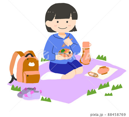 外でお弁当を食べている女の子のイラスト素材