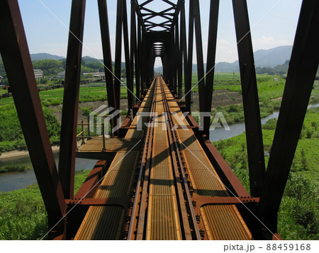 まっすぐ伸びる単線の鉄道線路(車窓展望) まっすぐ伸びる単線の鉄道線路(車窓展望) 88459168