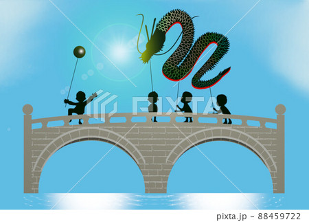長崎 国内観光イメージ 眼鏡橋の上で龍踊のイラスト素材