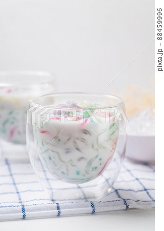 Thai dessert (Lod Chong), Colorful rice flour jelly with coconut milk in glass 88459996