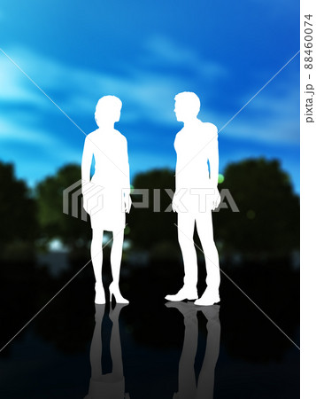 互いに見つめ合うスーツ姿男女の白いシルエット縦 88460074