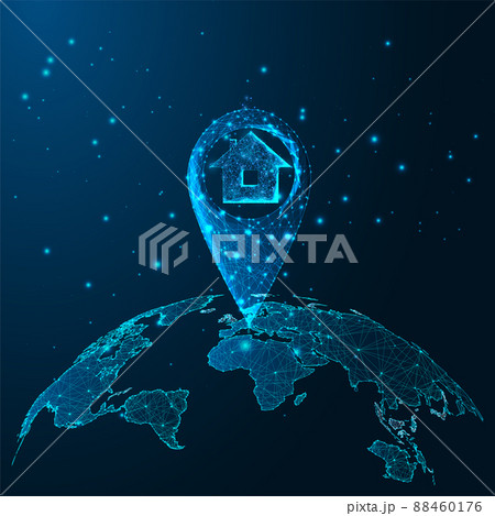 Futuristic search for property concept with glowing low polygonal house, location pin and map globe Futuristic search for property concept with glowing low polygonal house, location pin and map globe 88460176