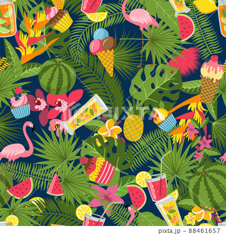 flat cute summer elements, cocktails, flamingo, palm leaves pattern or background illustration 88461657