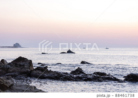 宮崎県日南市猪崎に昇る日出で薄らと染まる空と日南海岸の静かなる海と薄らと拡がる毛嵐の中飛び交う鵜たち 88461738