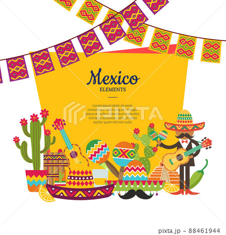 flat Mexico attributes below frame with place for text and garlands illustration flat Mexico attributes below frame with place for text and garlands illustration 88461944