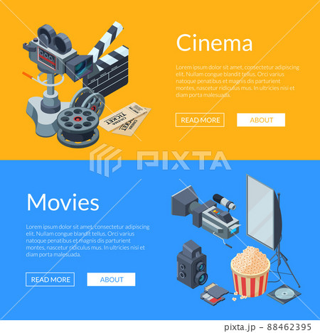 cinematograph isometric elements web banner illustration 88462395