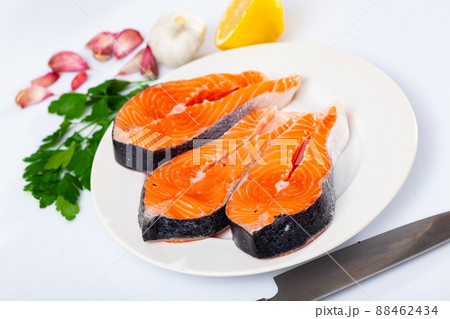 Fresh sliced steaks of salmon Fresh sliced steaks of salmon 88462434
