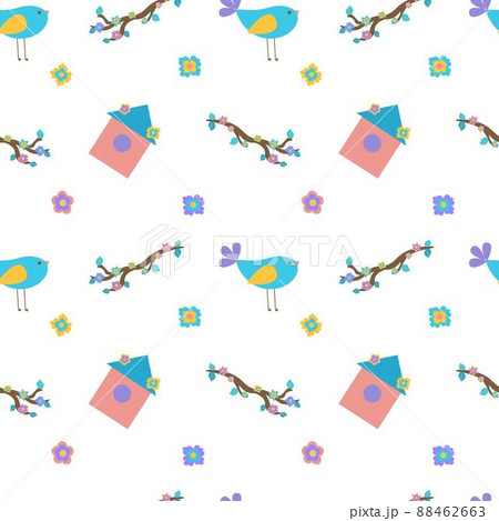 Seamless spring illustration with bird, flowers and birdhouse. For textiles or wrapping paper. Flat illustration. 88462663