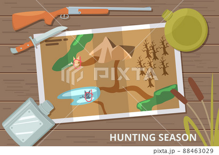 Hunting season background with map on wood table and hunting equipment Hunting season background with map on wood table and hunting equipment 88463029