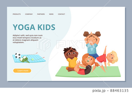 Yoga kigs characters. Kids sport and yoga training landing page template Yoga kigs characters. Kids sport and yoga training landing page template 88463135