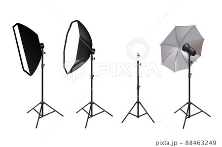 Realistic spotlights. Photo video accessories for studio softboxes spotlights vivid light shine glow effects pictures Realistic spotlights. Photo video accessories for studio softboxes spotlights vivid light shine glow effects pictures 88463249