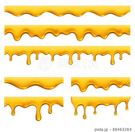 Honey dripping. Yellow syrup liquid golden oil drops and splashes realistic template Honey dripping. Yellow syrup liquid golden oil drops and splashes realistic template 88463264