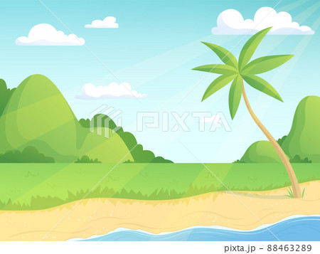 Summer landscape. Green hills palm tree and seaside with grass and water simple outdoor illustration cartoon background Summer landscape. Green hills palm tree and seaside with grass and water simple outdoor illustration cartoon background 88463289