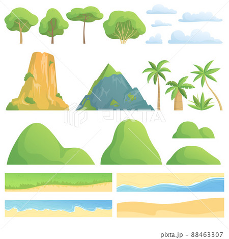 Landscape constructor. Creation kit with trees bushes mountains hills clouds coast sand and grass cartoon collection Landscape constructor. Creation kit with trees bushes mountains hills clouds coast sand and grass cartoon collection 88463307